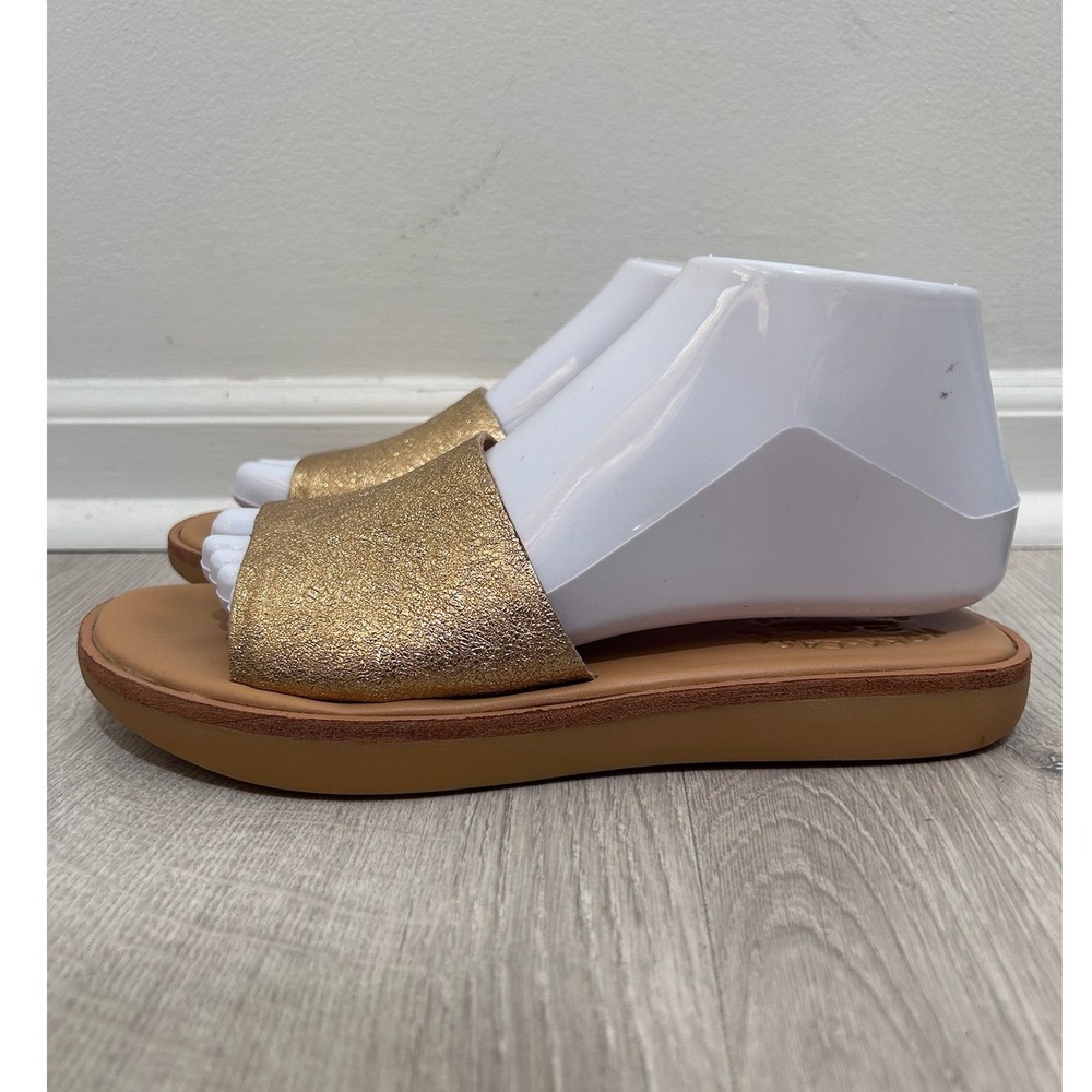 Kork-Ease Womens Gold Metallic Leather Slide Flat Sandals Sz 7 Summer Boho Lux